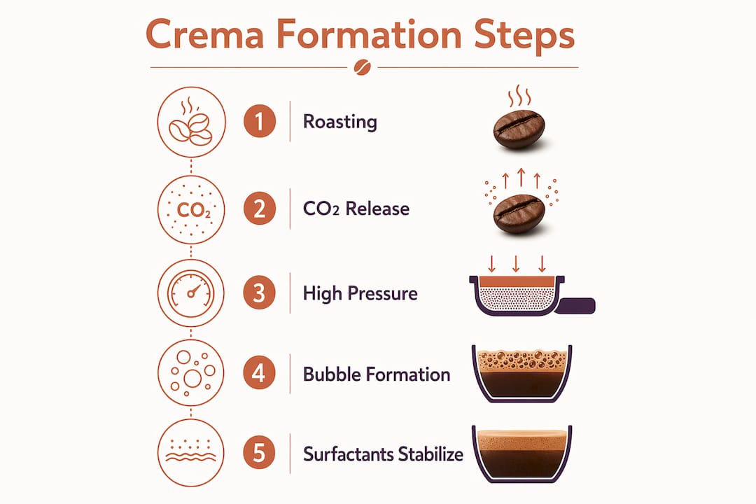 Infographic illustrating coffee crema formation process