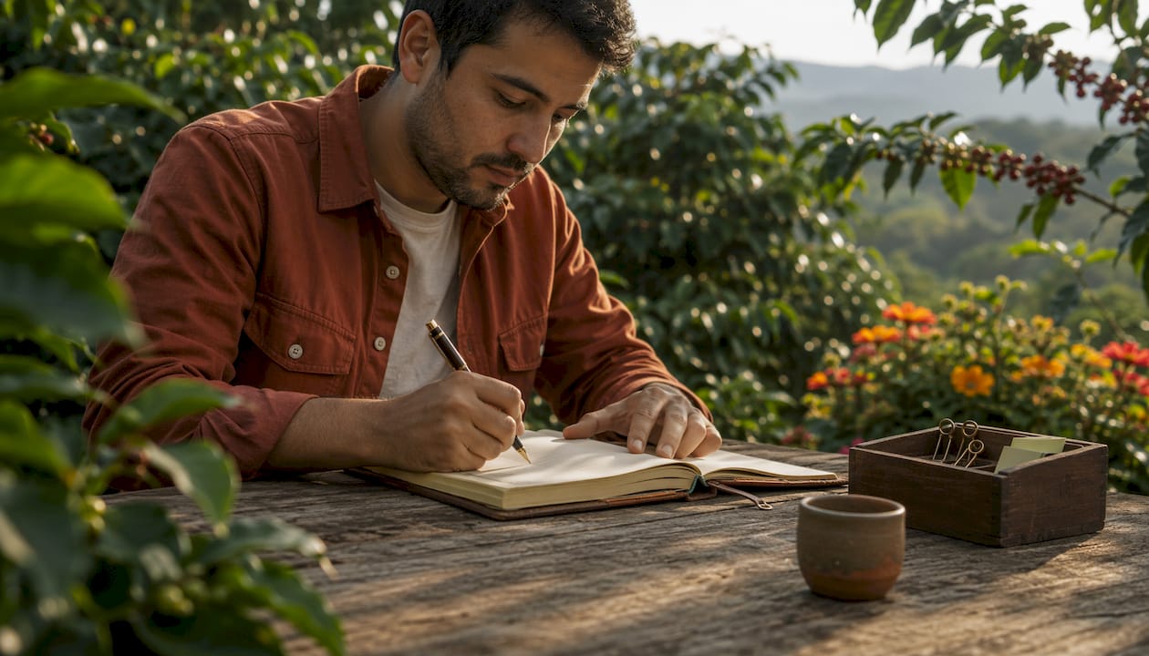 Farm manager recording coffee harvest data in ledger outdoors