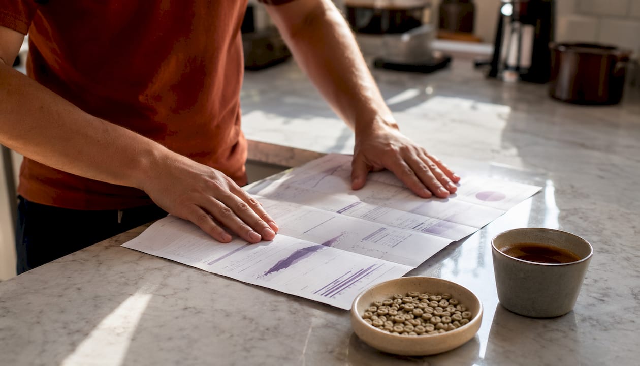 Close-up hands reviewing coffee varietal and altitude report