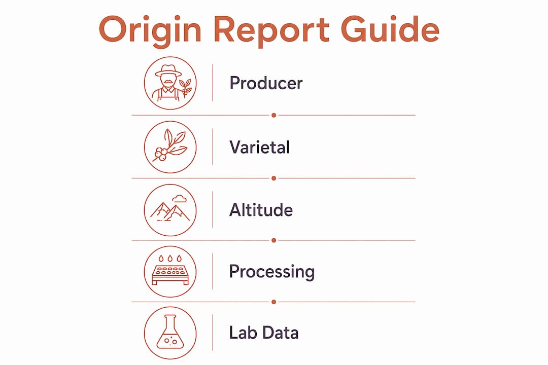 Infographic outlining key coffee origin report fields