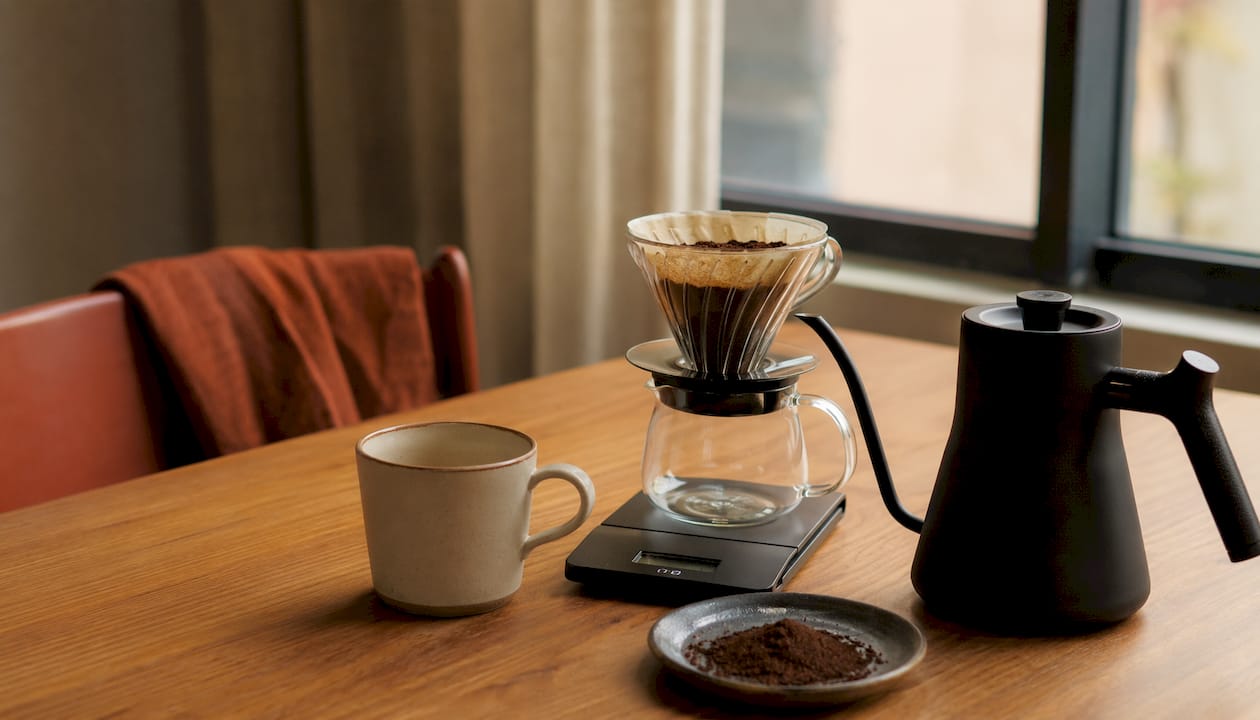Top-down coffee brewing setup with kettle and dripper