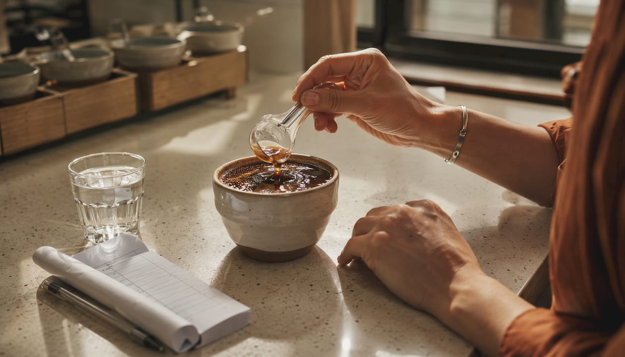 Hands holding cupping spoon over coffee bowl