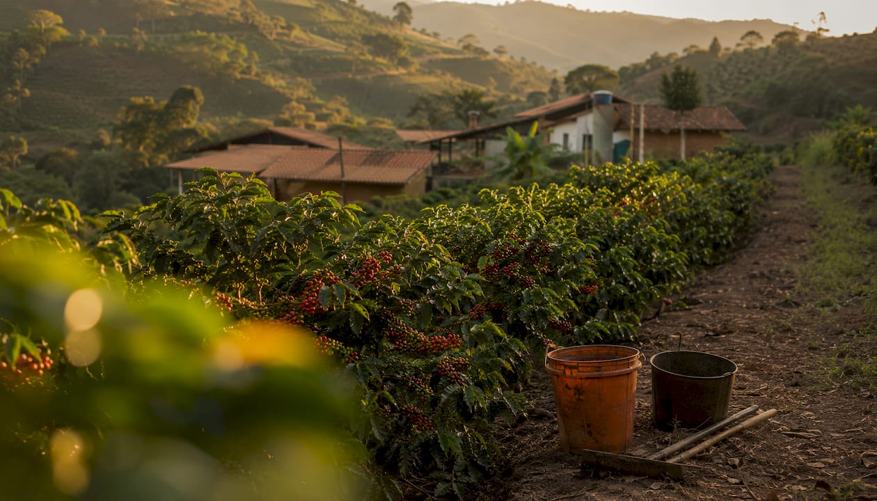 Coffee farm estate landscape with plants and buildings