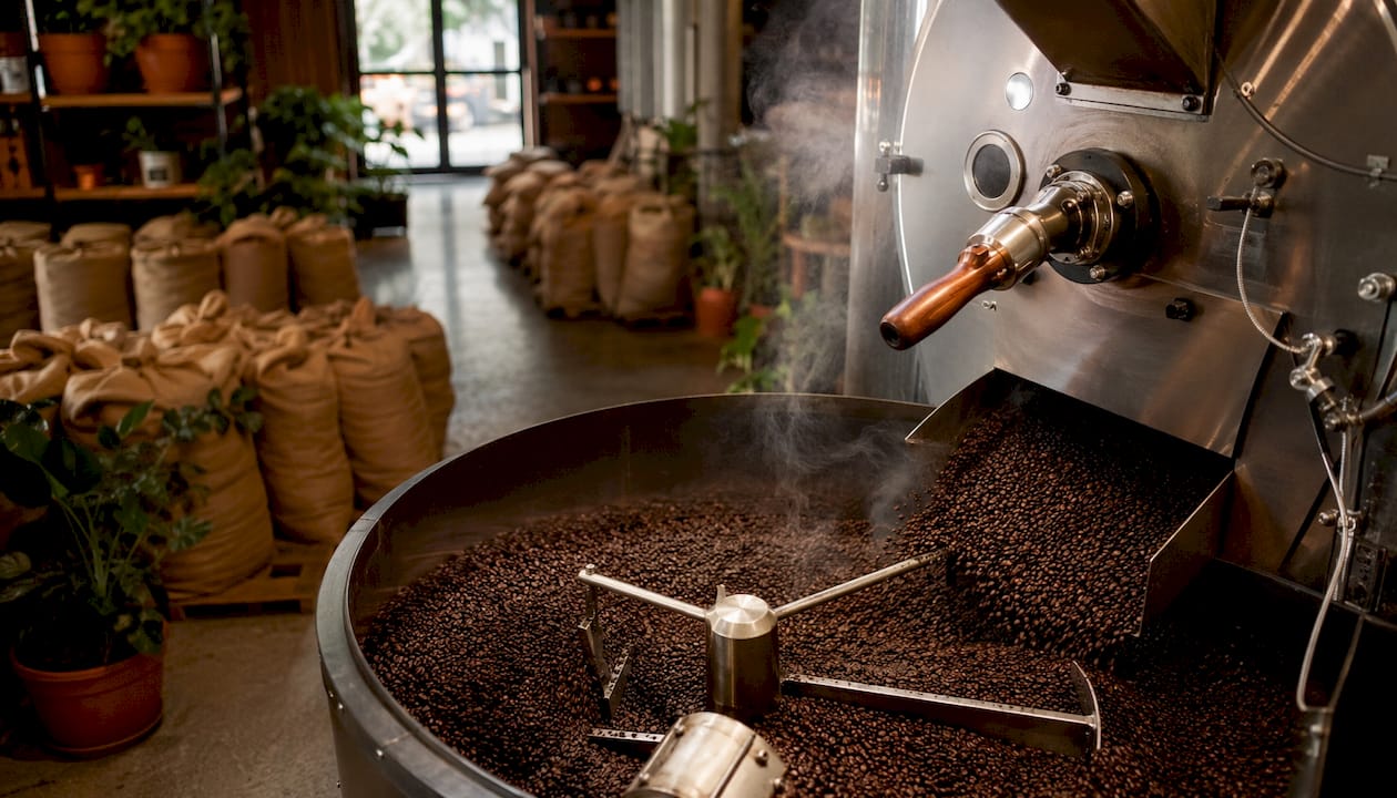 Close-up of coffee roasting machine in facility