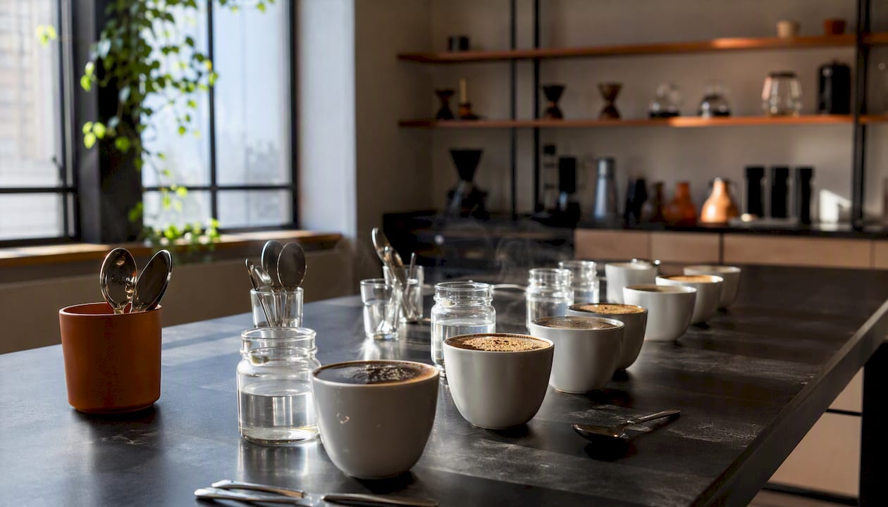 Cupping bowls with micro-lot coffee samples