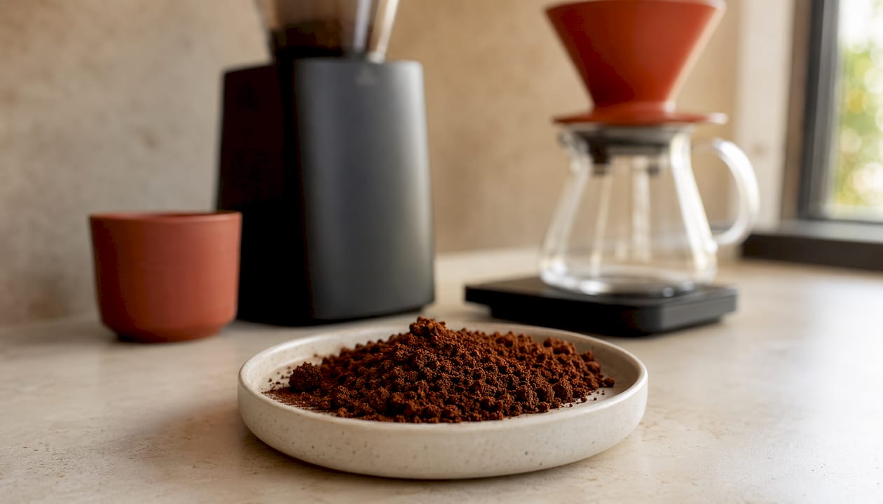 Close-up of fine espresso coffee grounds in spoon
