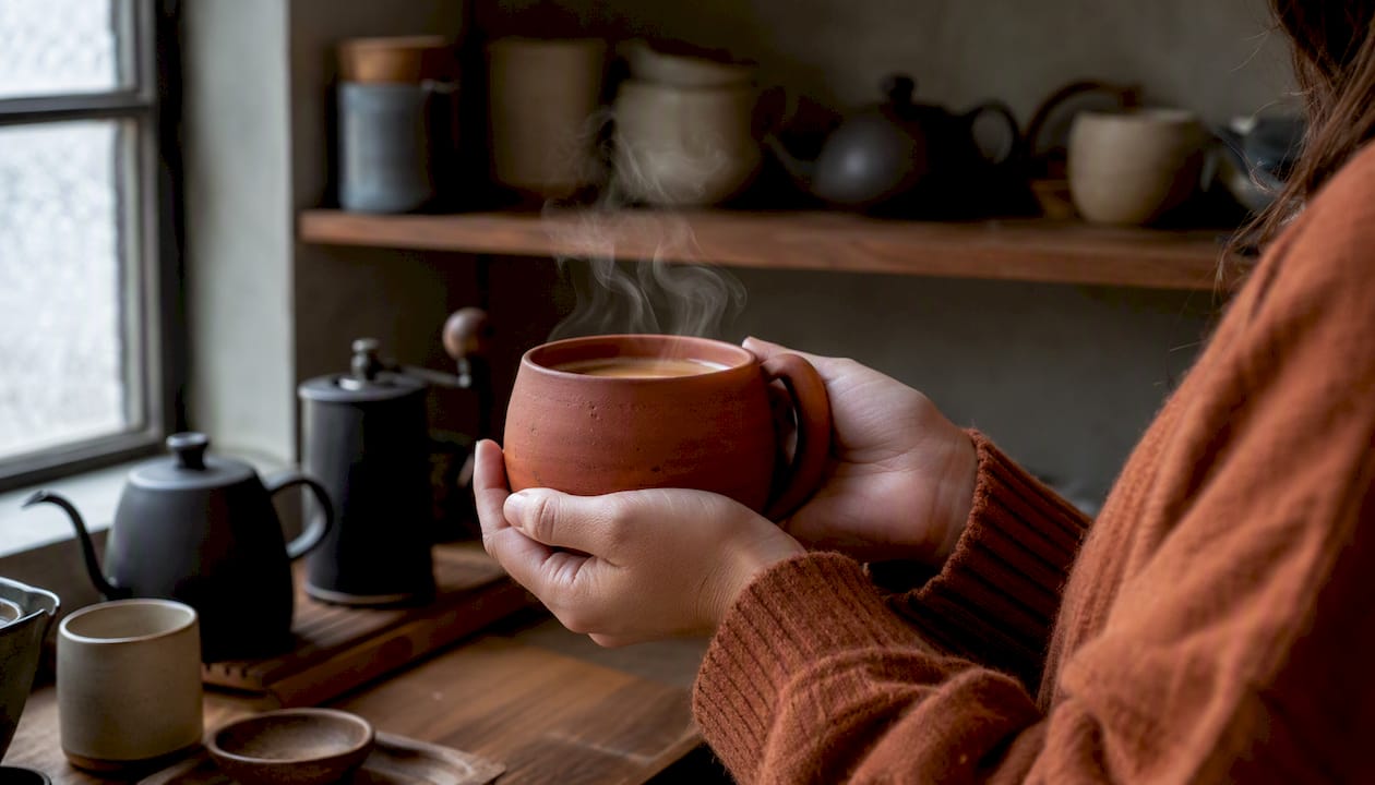 Hands holding cup of light roast coffee at home table