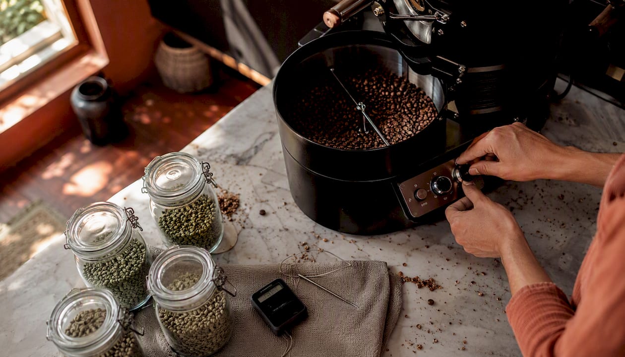 Hands adjusting home coffee roaster controls