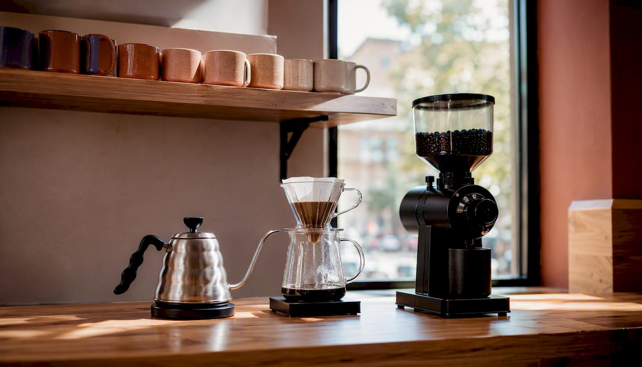 Wide view of open counter home coffee station setup