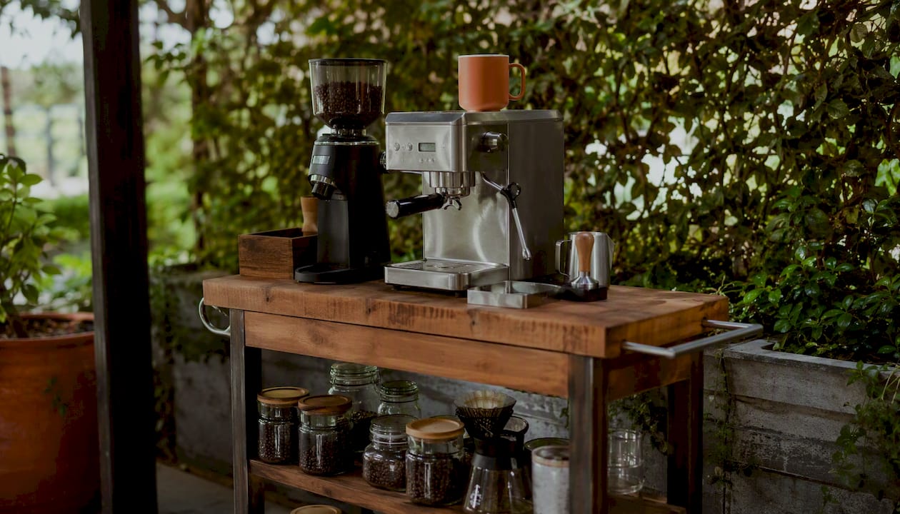 Rolling butcher-block cart configured as coffee brew station