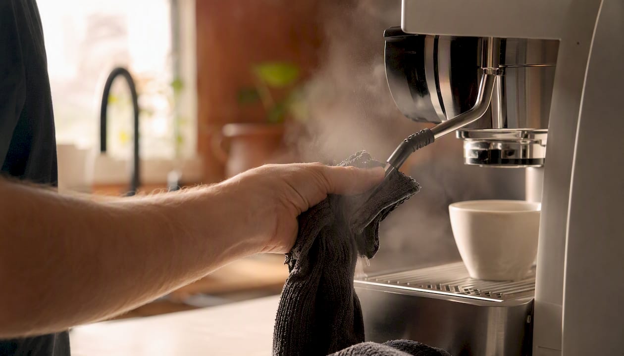 Wiping and purging espresso machine steam wand