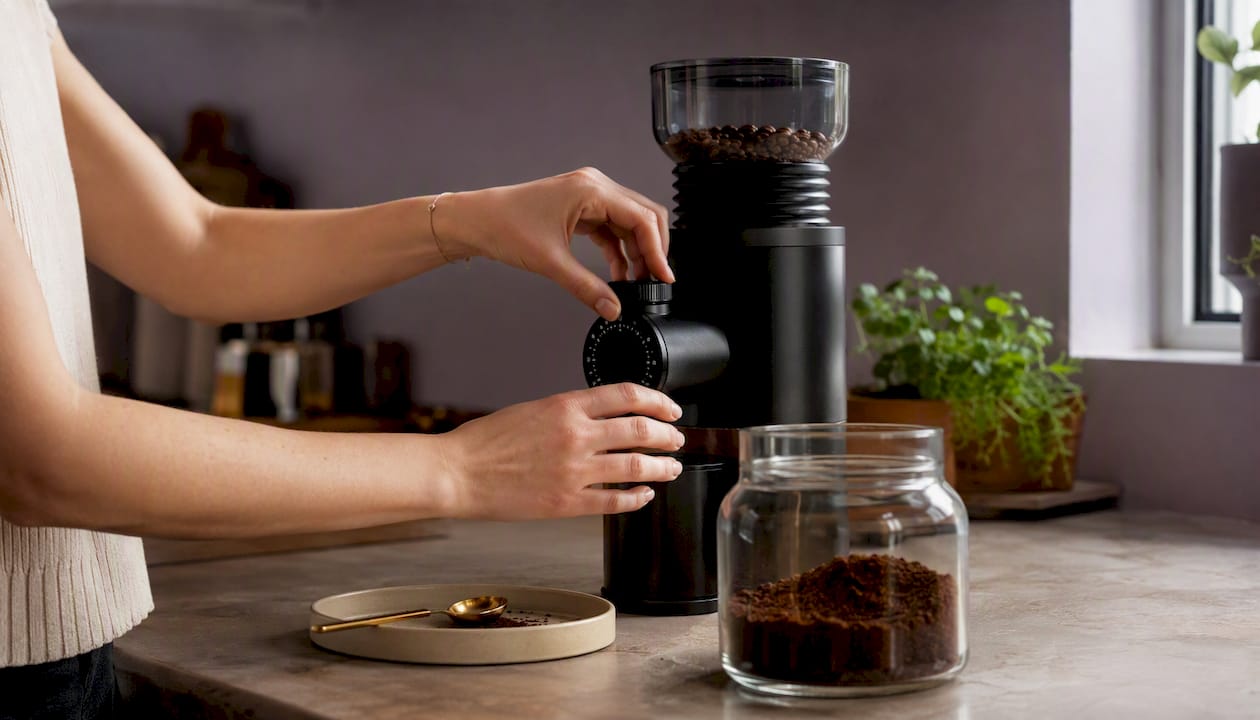 Hands adjusting coffee grinder setting