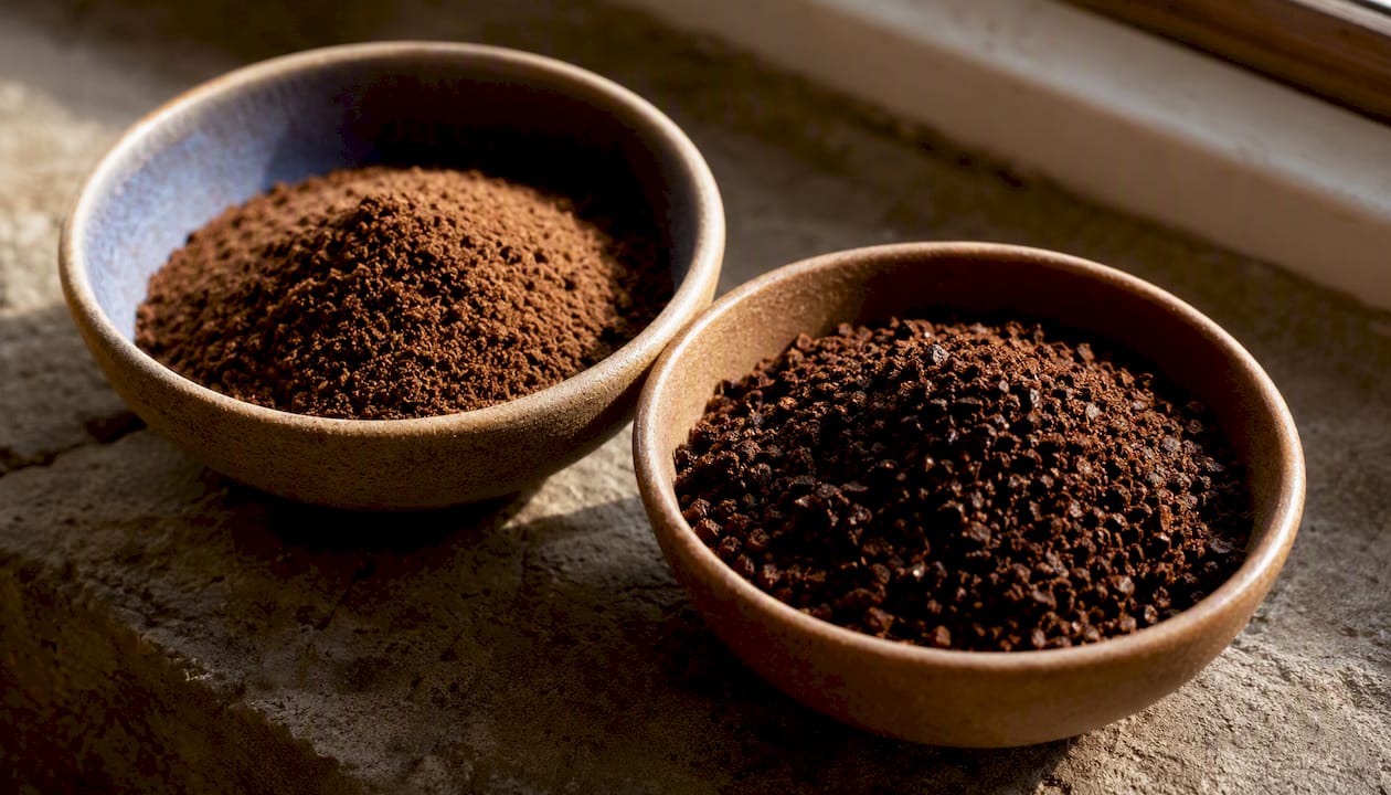 Light and dark roast coffee grounds comparison