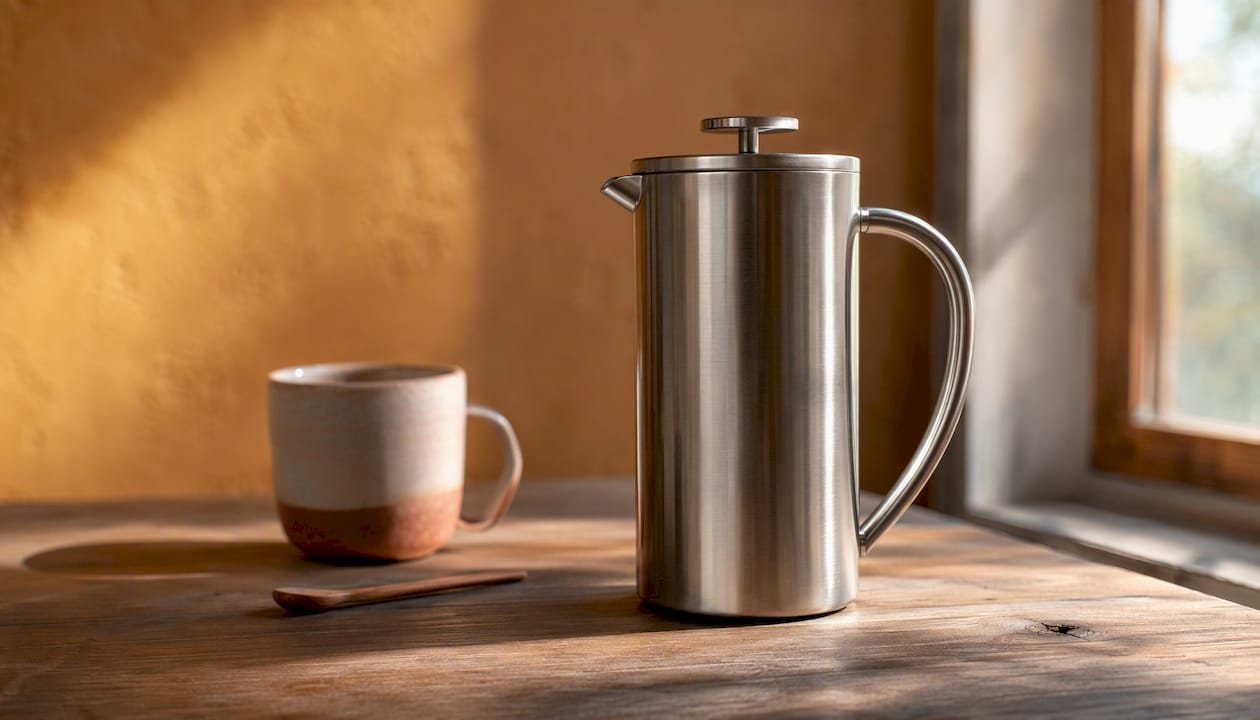 Stainless steel French press on counter