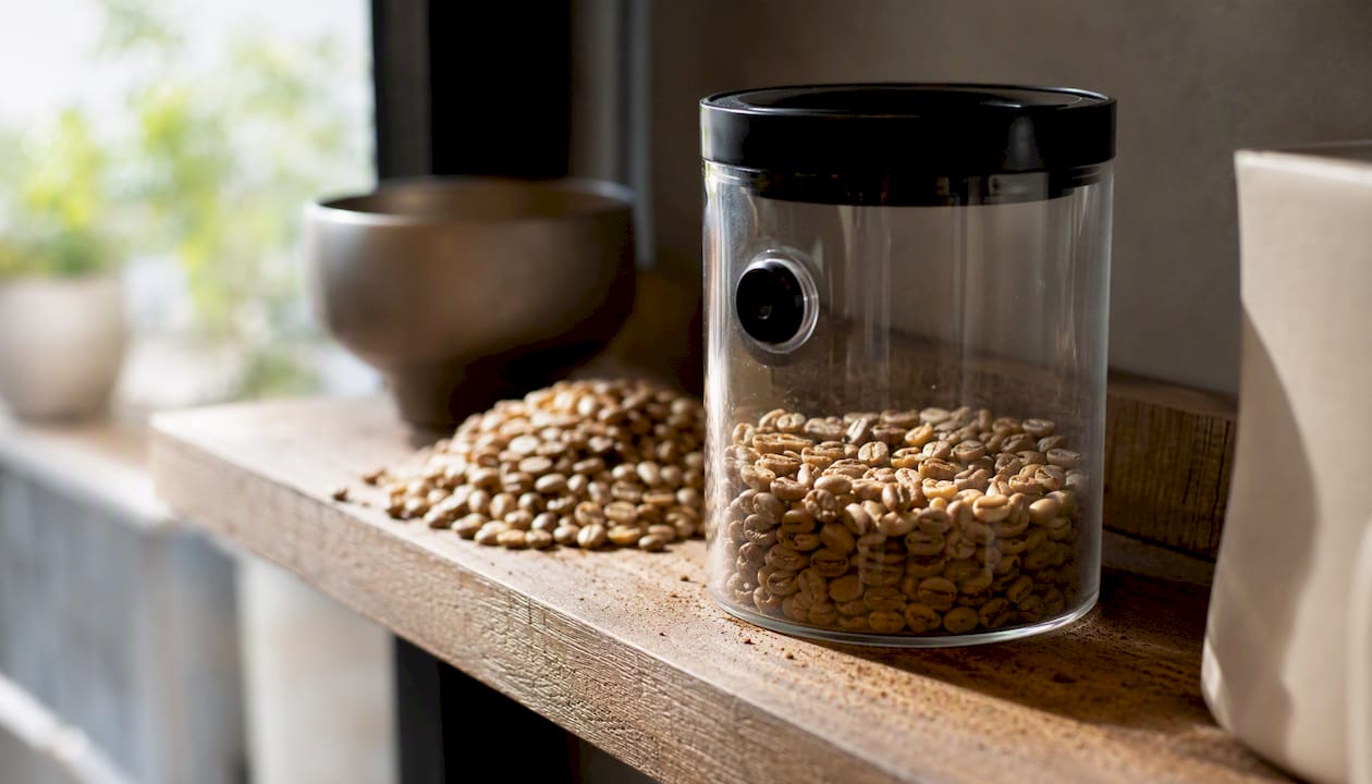 Ceramic canister with fresh ultra-light roast coffee beans