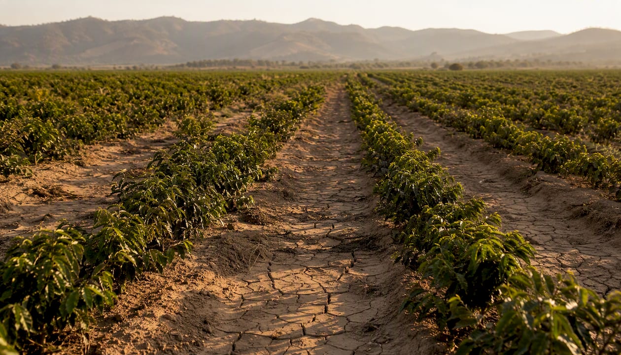 Sun-grown coffee monoculture rows