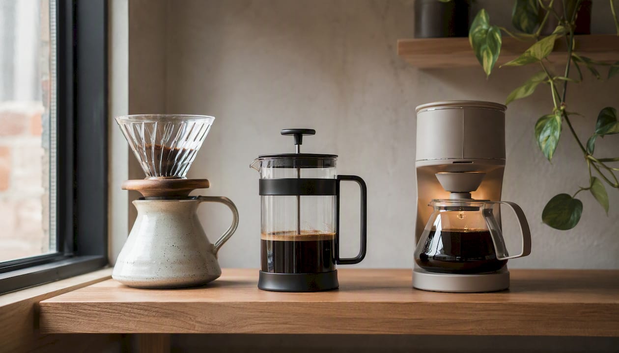 Three coffee brewing methods on kitchen counter