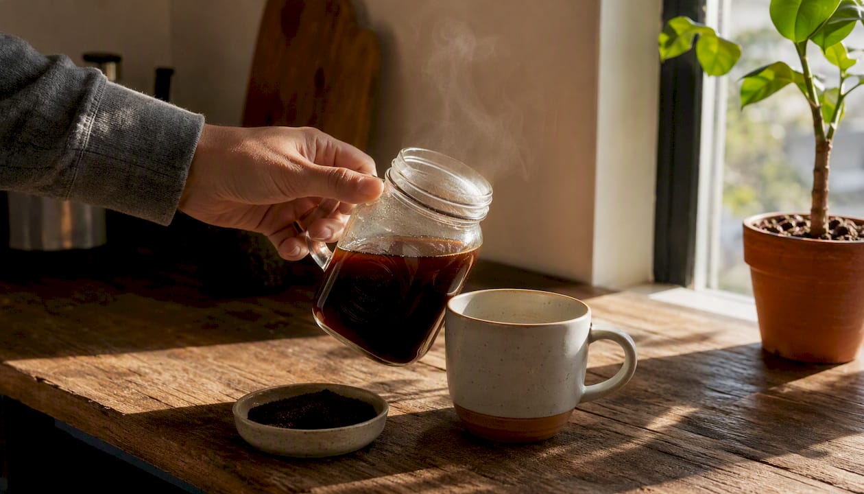 Pouring brewed coffee from mason jar into mug