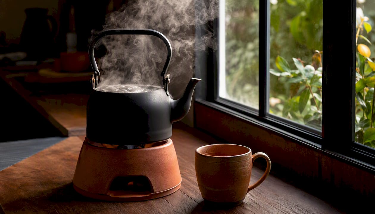 Steam rising from boiling kettle on stove