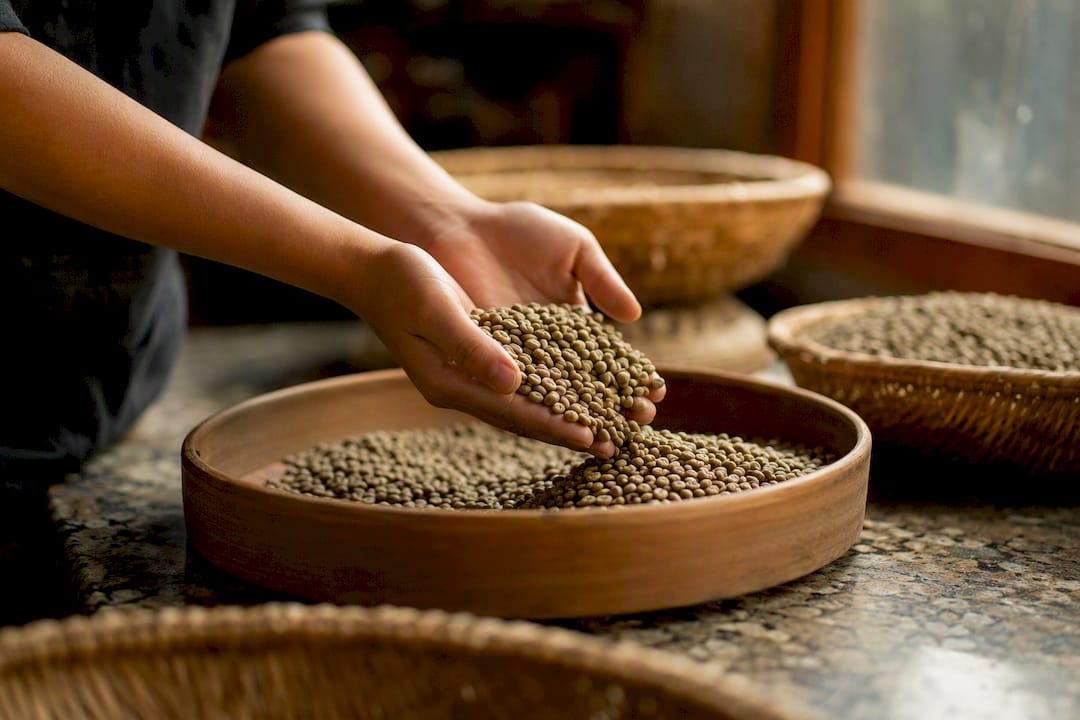 Hands scooping organic green coffee beans in roastery