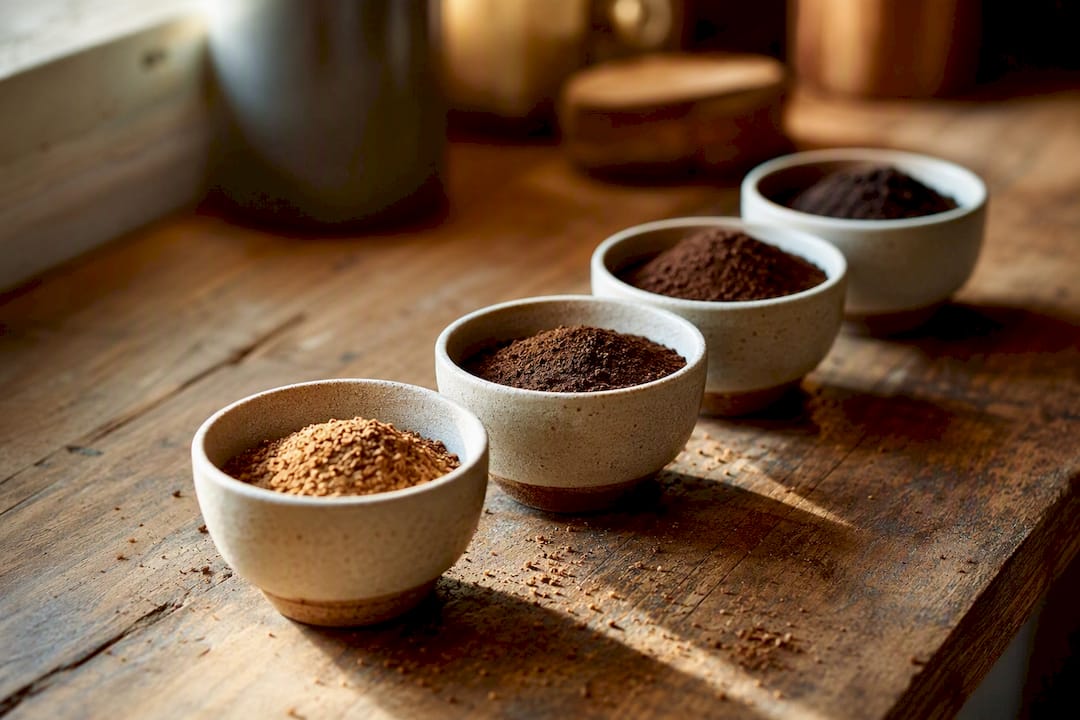 Close-up of light to dark coffee roast level grounds