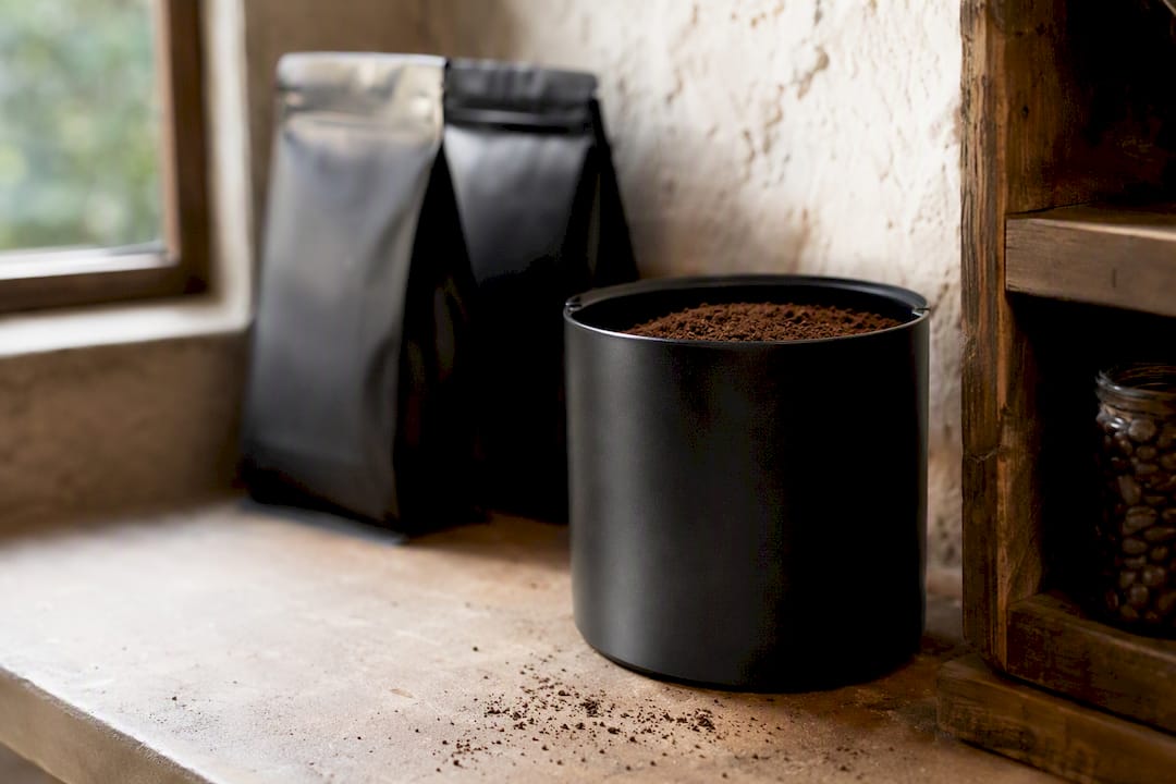 Airtight container storing Turkish ground coffee