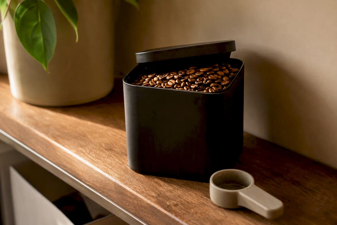 Airtight container with light roast coffee beans on shelf