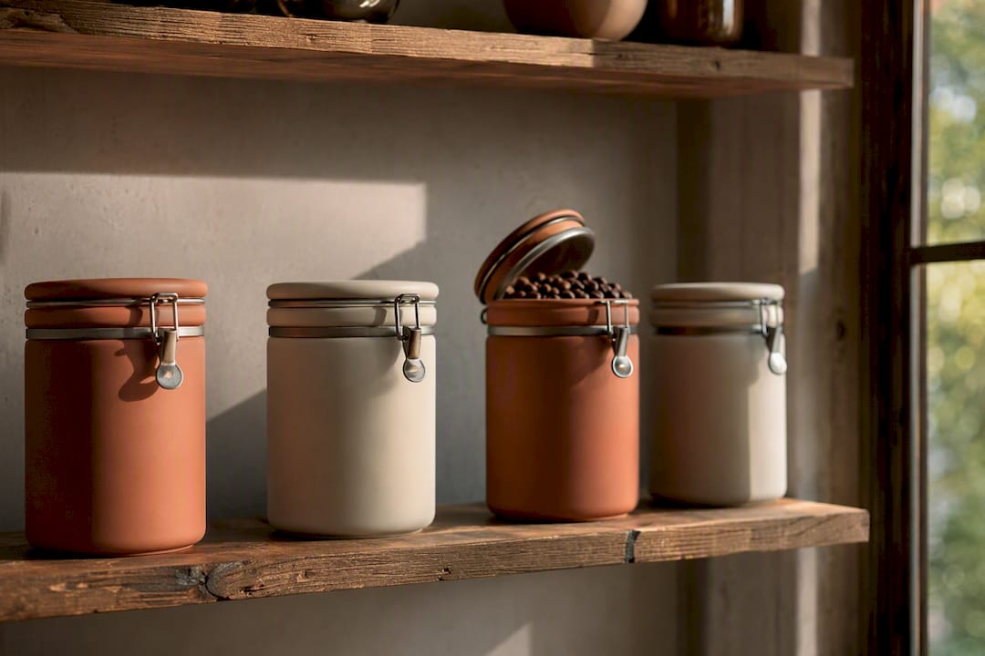 Opaque airtight containers storing coffee beans