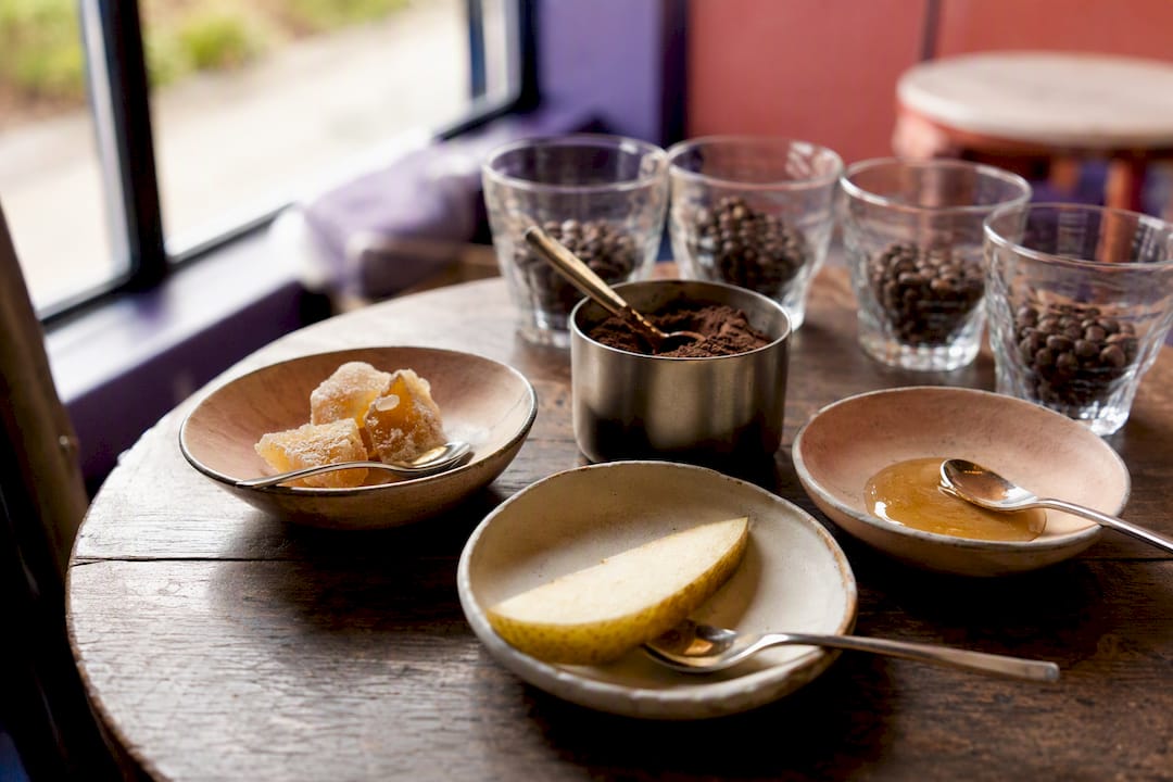 Coffee flavor reference kit on tasting table