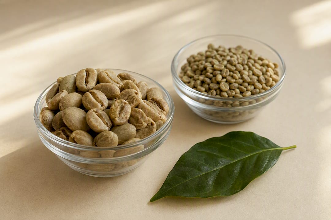 Close-up overhead view of green coffee beans at different elevations