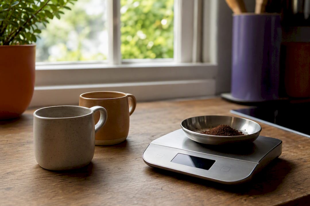 Two coffee cups and kitchen scale on counter