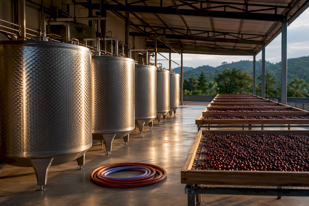Coffee fermentation tanks beside drying beds