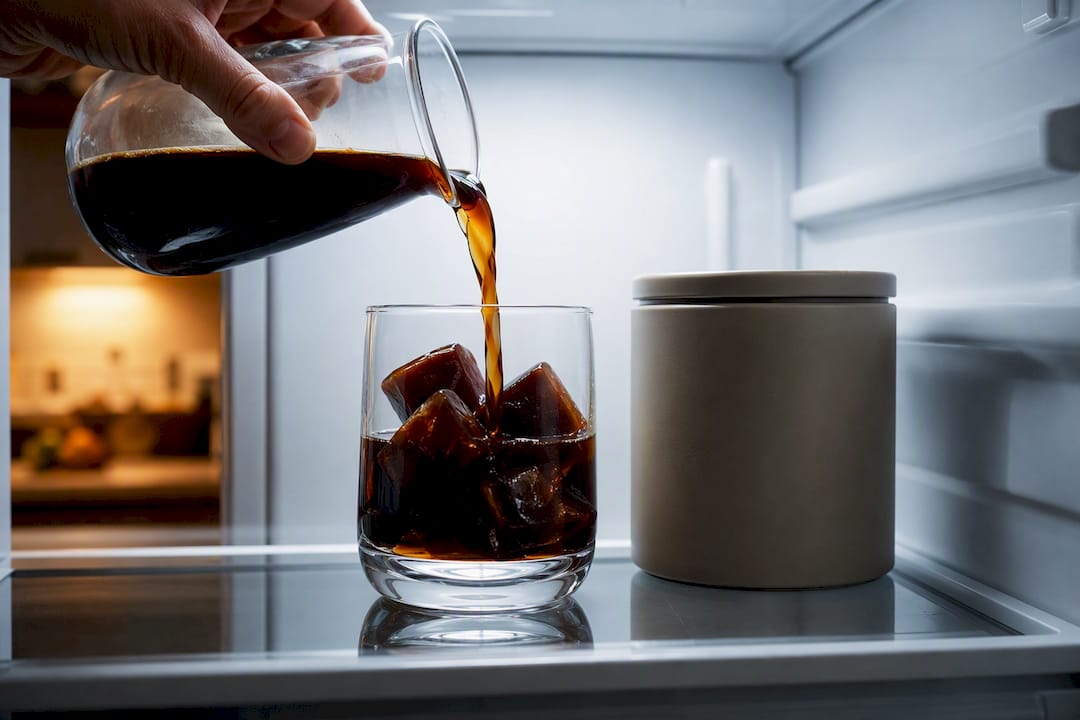Cold brew poured over coffee ice cubes