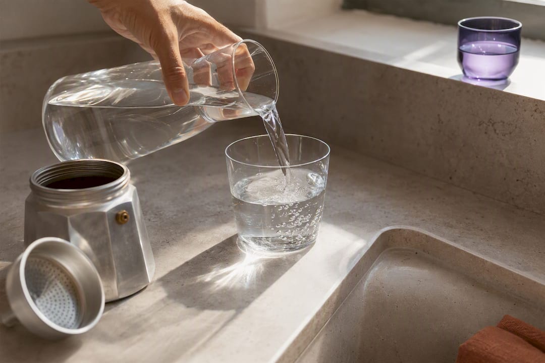 Filtered water beside moka pot components