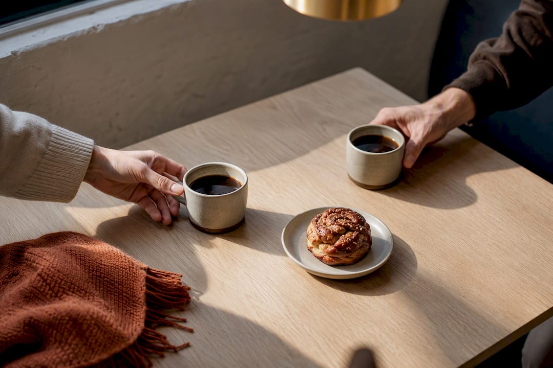 Shared Scandinavian coffee break with pastry