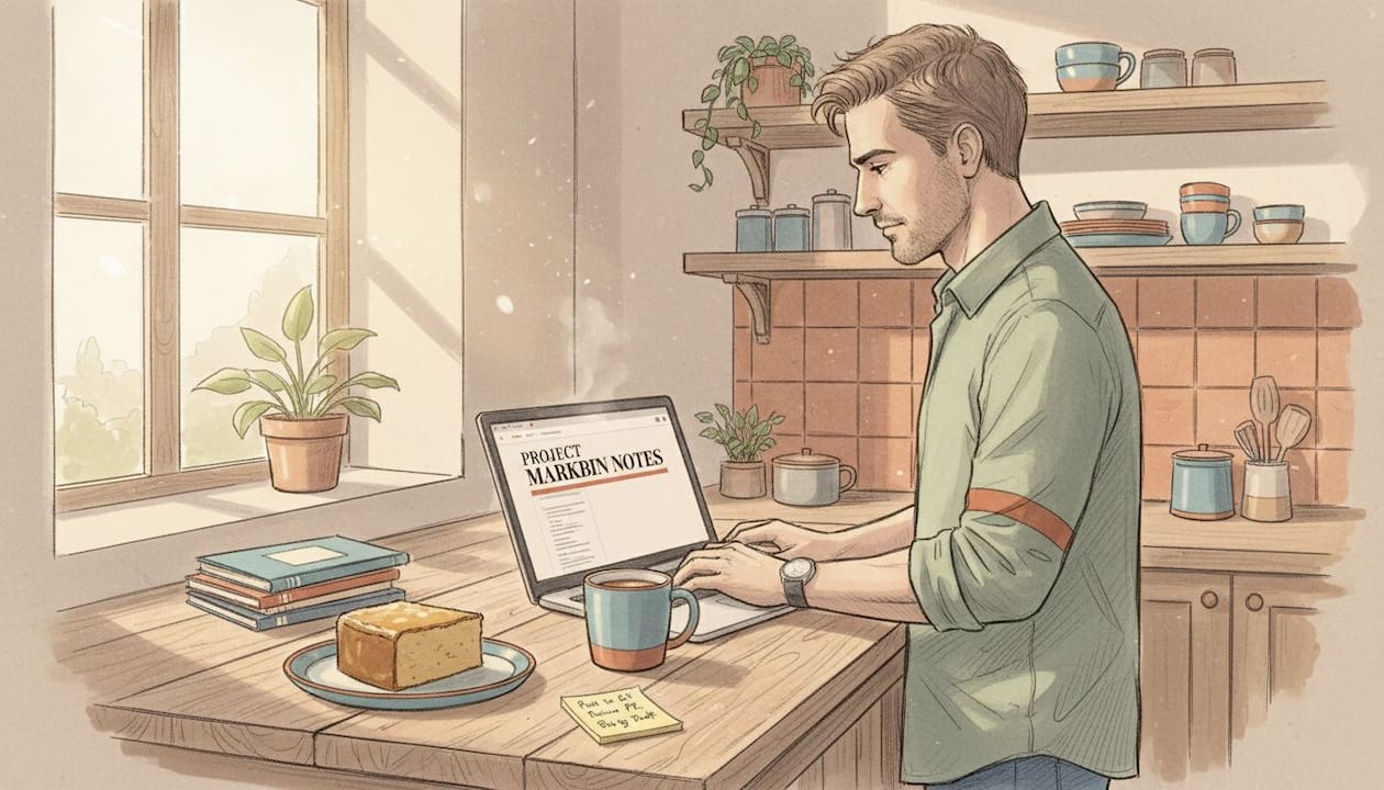 Developer types markdown notes at kitchen table