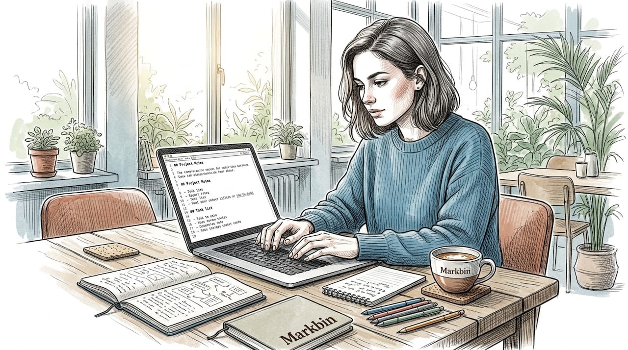 Developer types Markdown code at workspace table