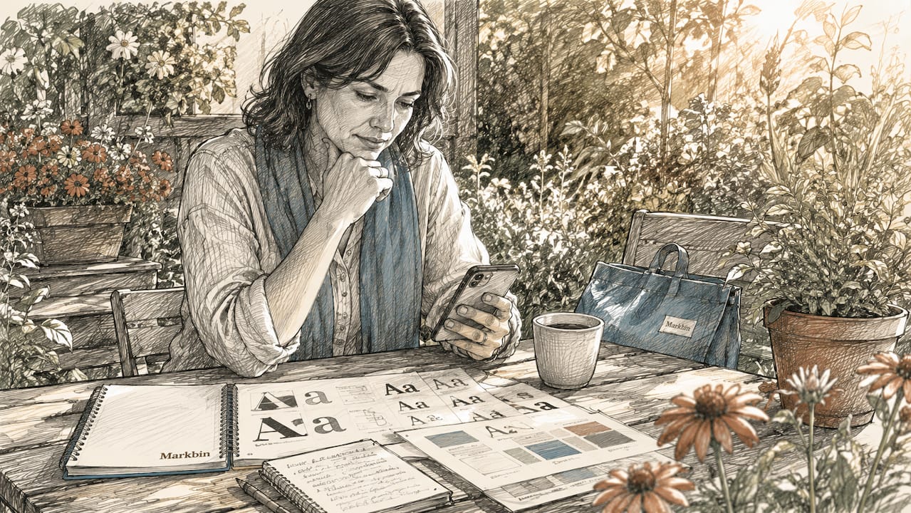Woman reviewing typography samples at café table