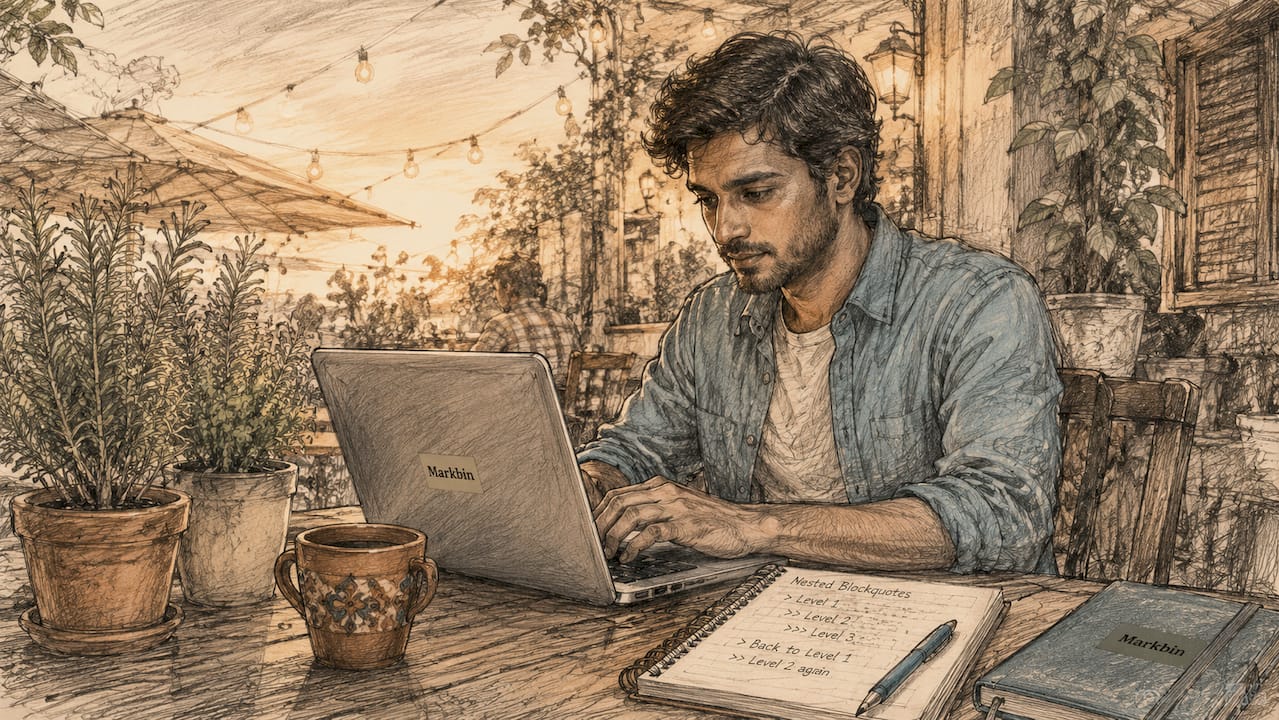 Developer typing nested Markdown blockquotes