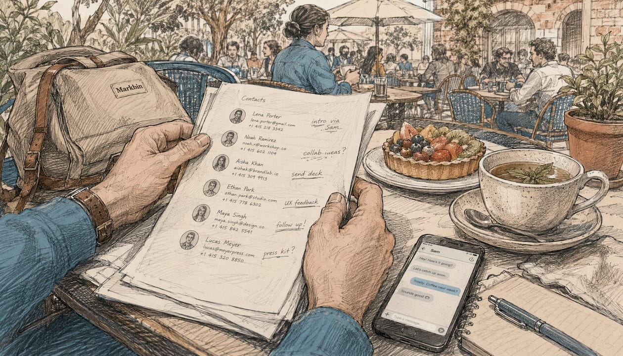 Hands searching guest post contacts at café table