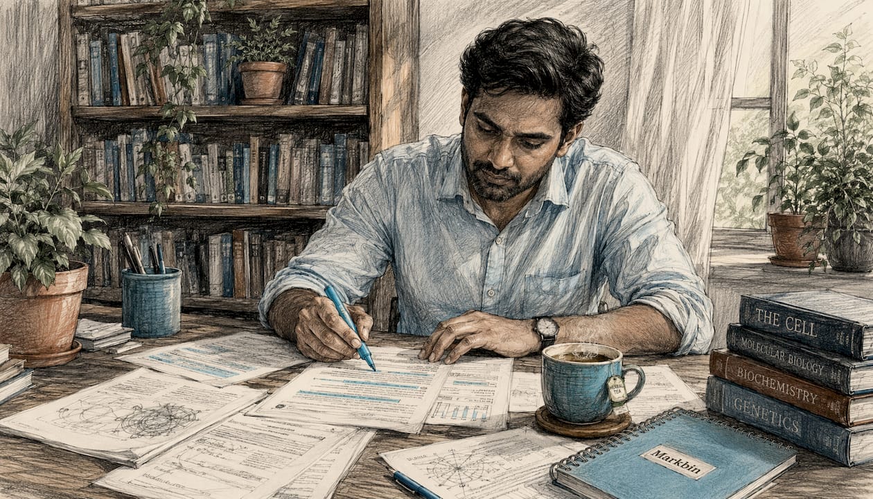 Scientist reviewing printed research summaries
