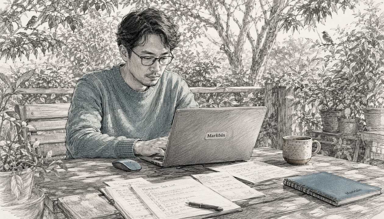 Developer toggling markdown task list on laptop