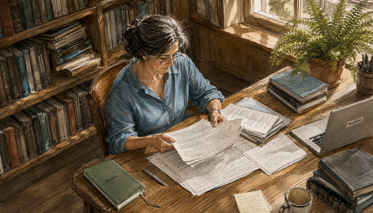 Researcher organizing printed methodology documents