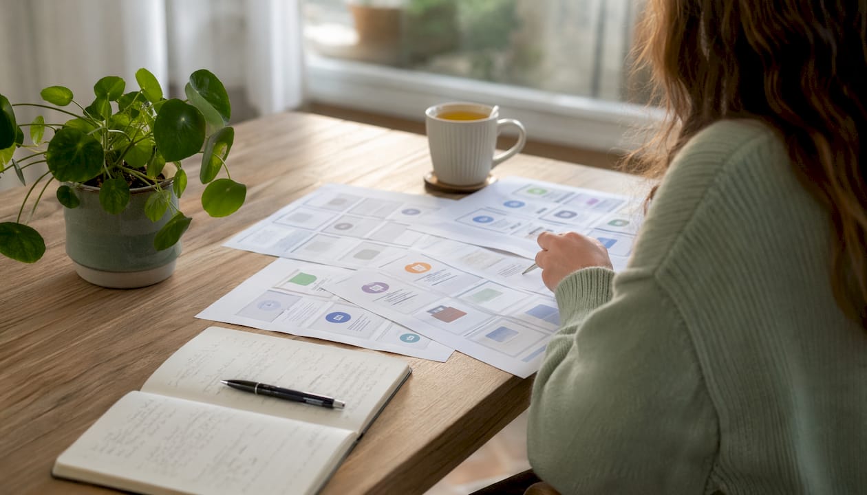 Desk with affirmation app comparison papers