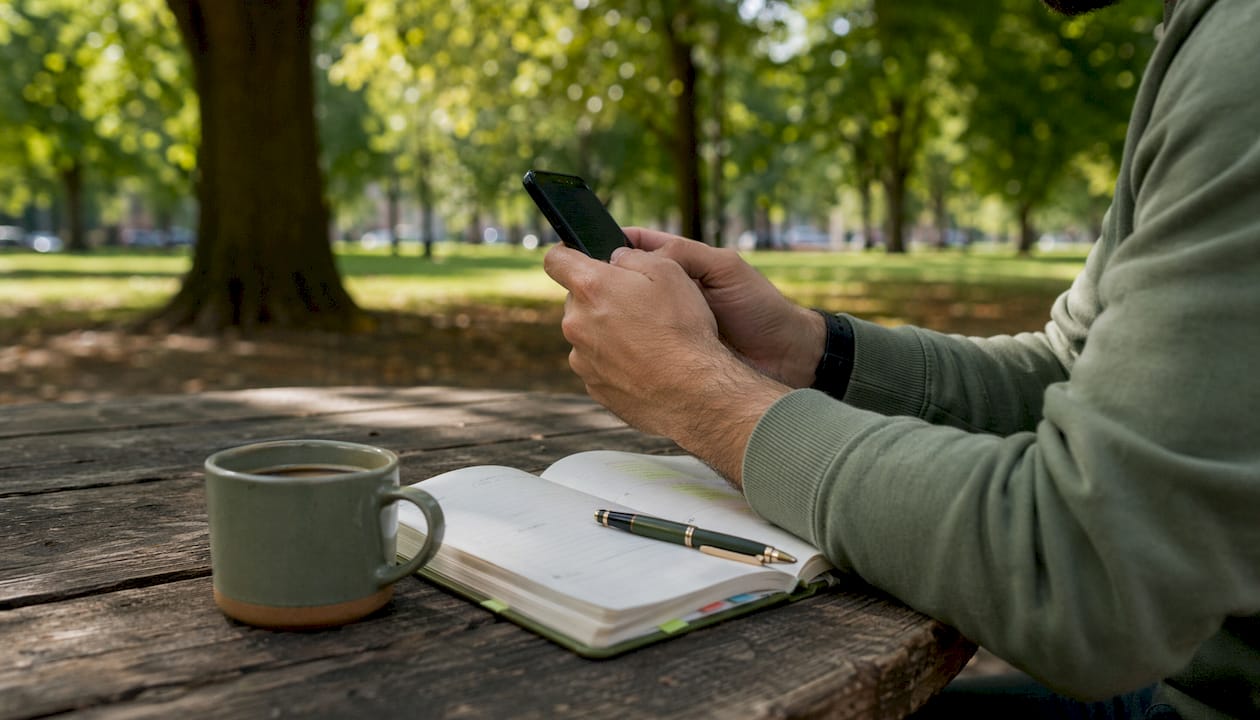 Man committing money in affirmation app at café