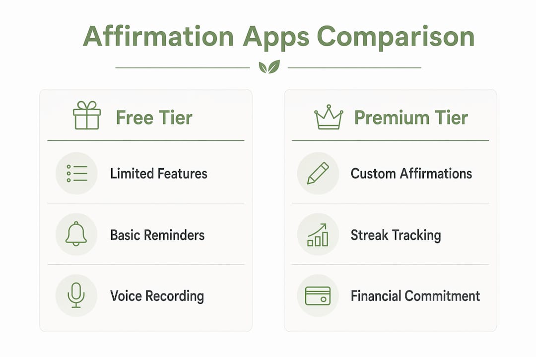 Infographic comparing free and premium tiers of affirmation apps