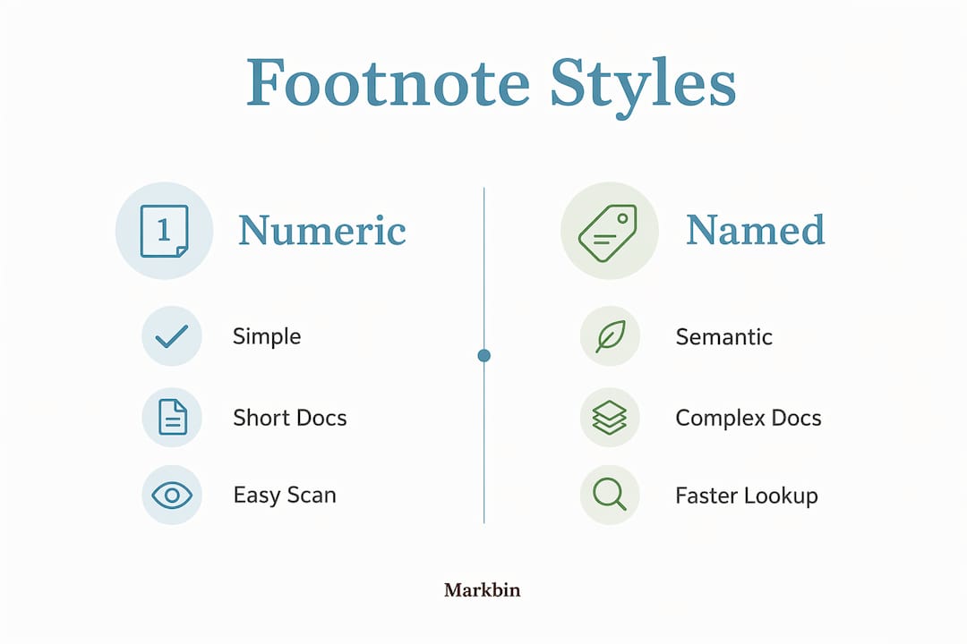 Infographic comparing numeric and named Markdown footnote styles