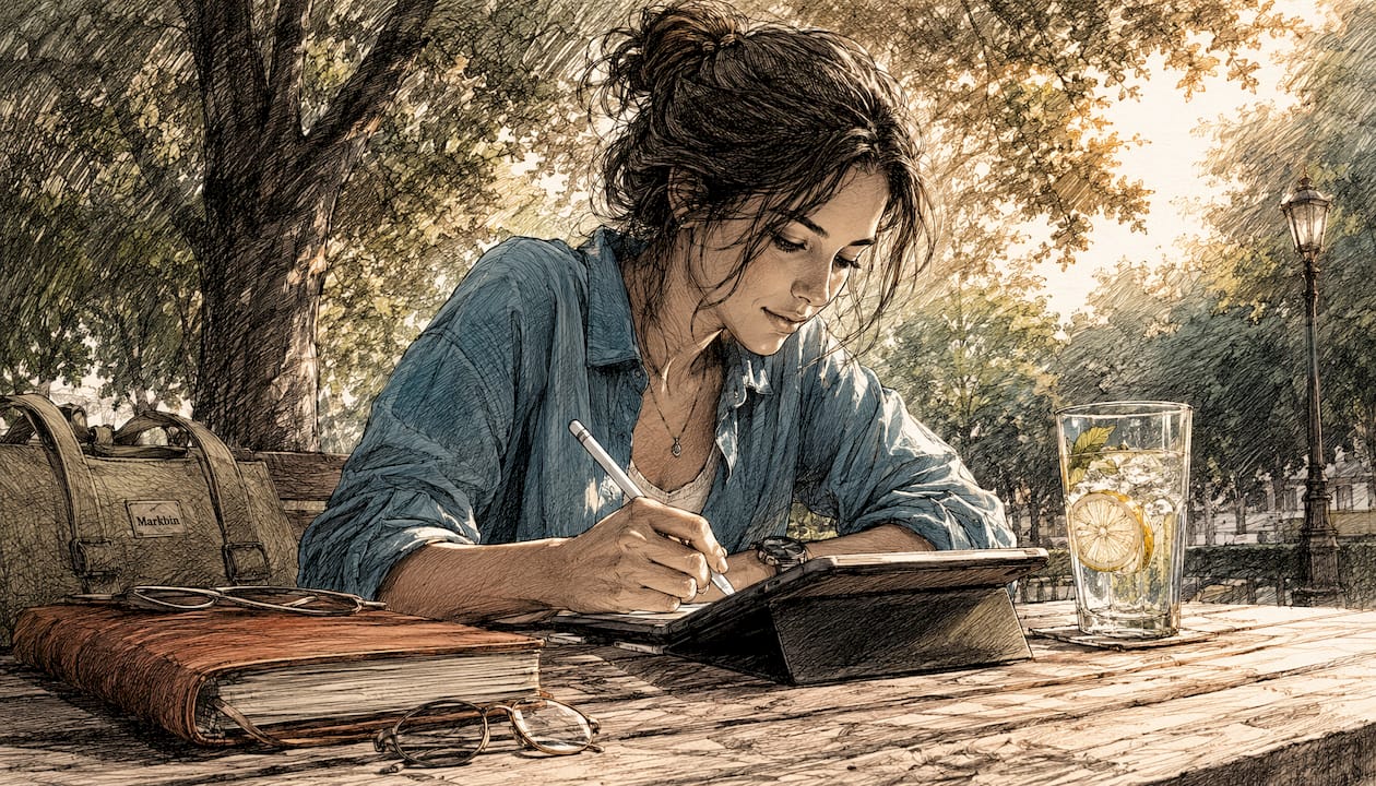 Woman writing annotations for Markdown footnotes