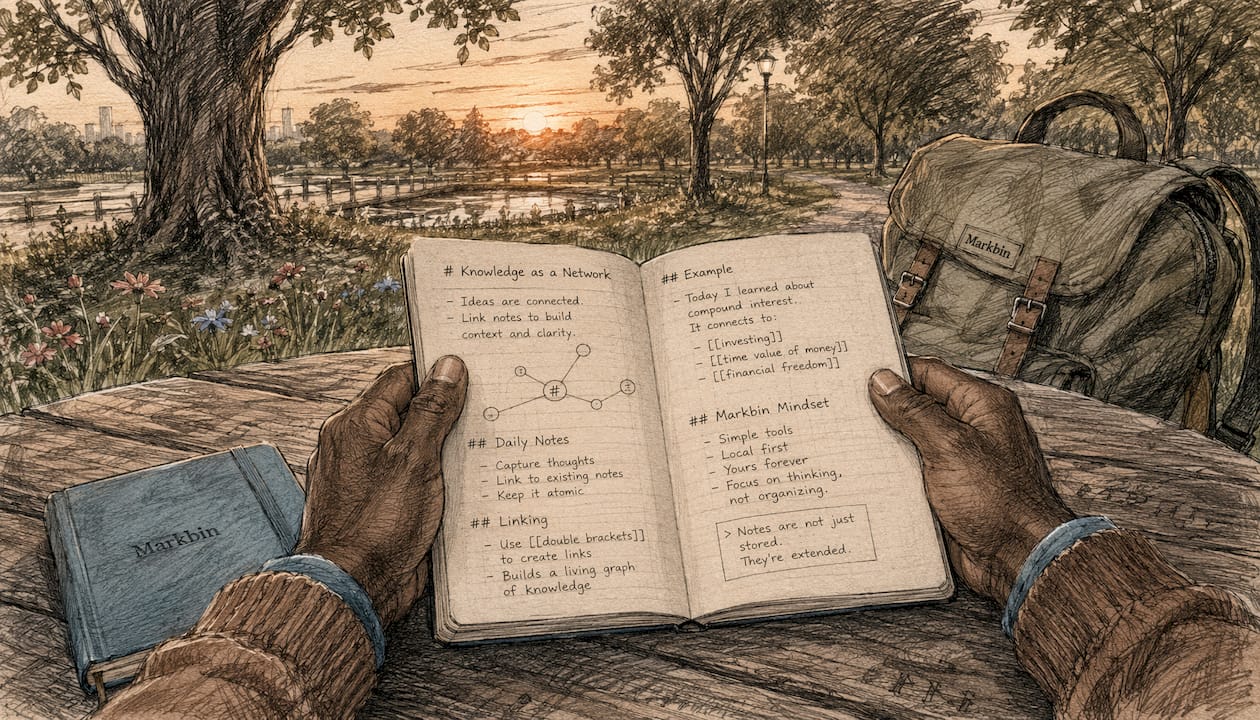 Hands holding linked markdown notes in home office