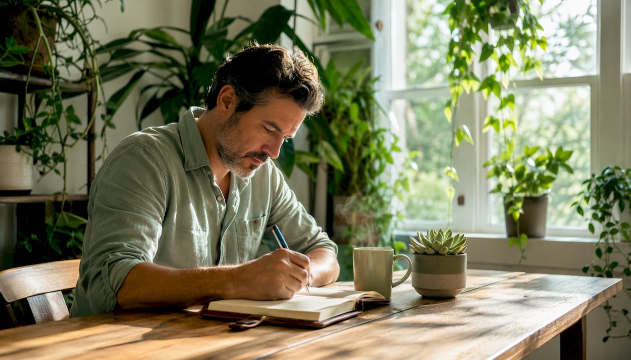 Man writing daily habit affirmation statement